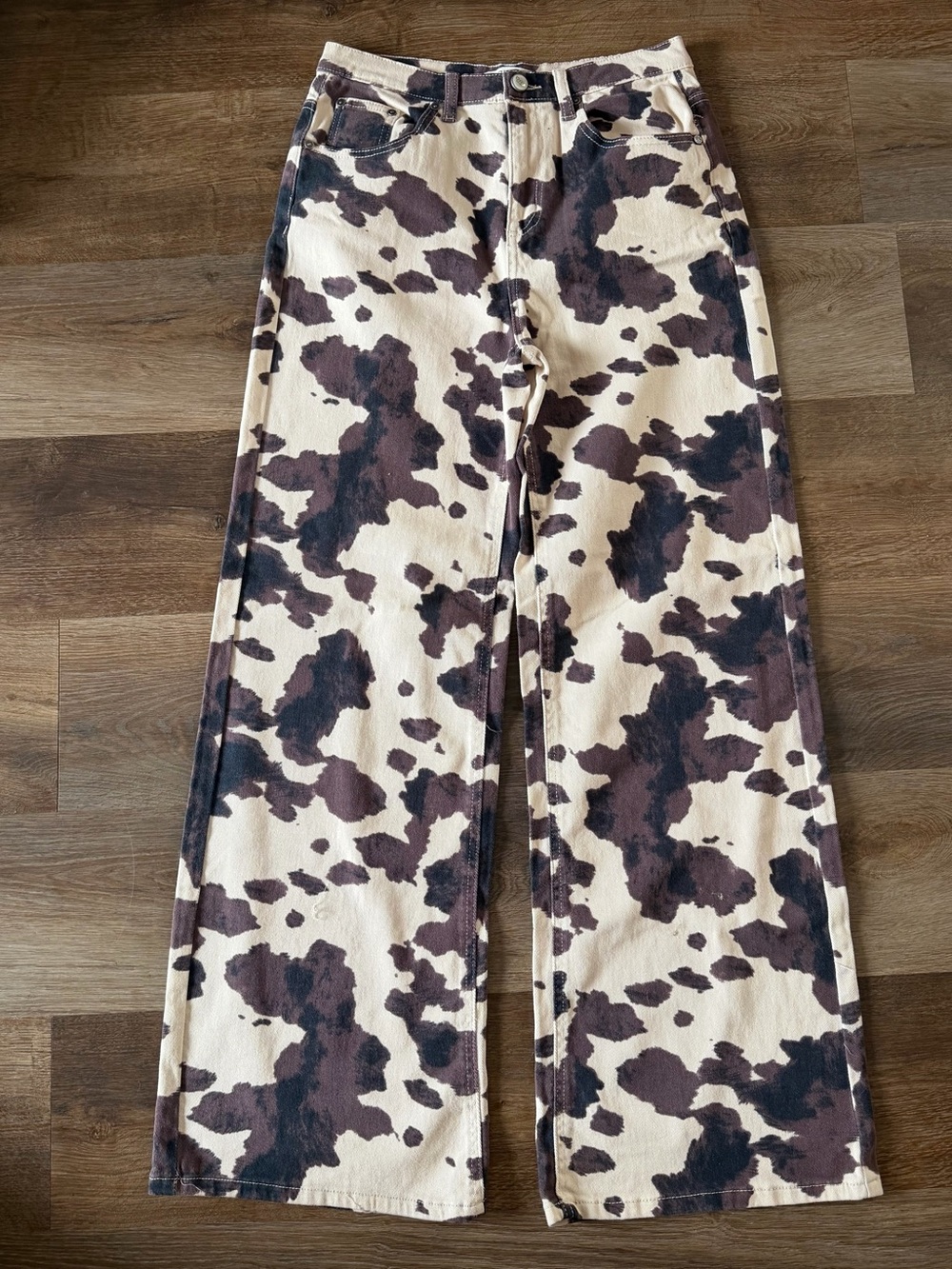 Oat New York Cream and Brown Cowprint Wide Leg Jeans